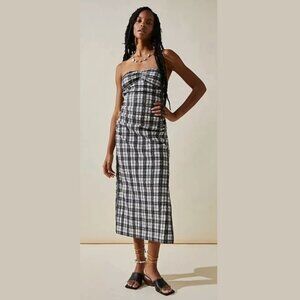 Free People Black and White Brandie Plaid Midi Dress SZ L‎ - NWT